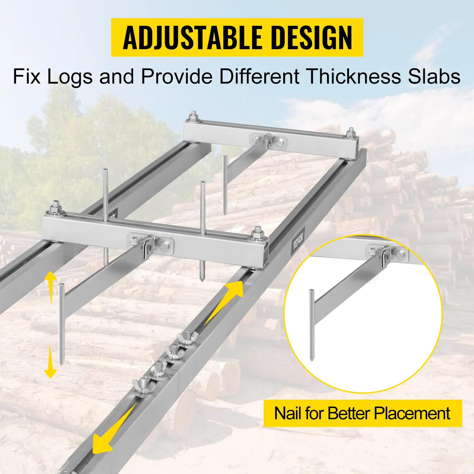 VEVOR rail mill guide system with adjustable design for fixing logs and varying slab thickness.