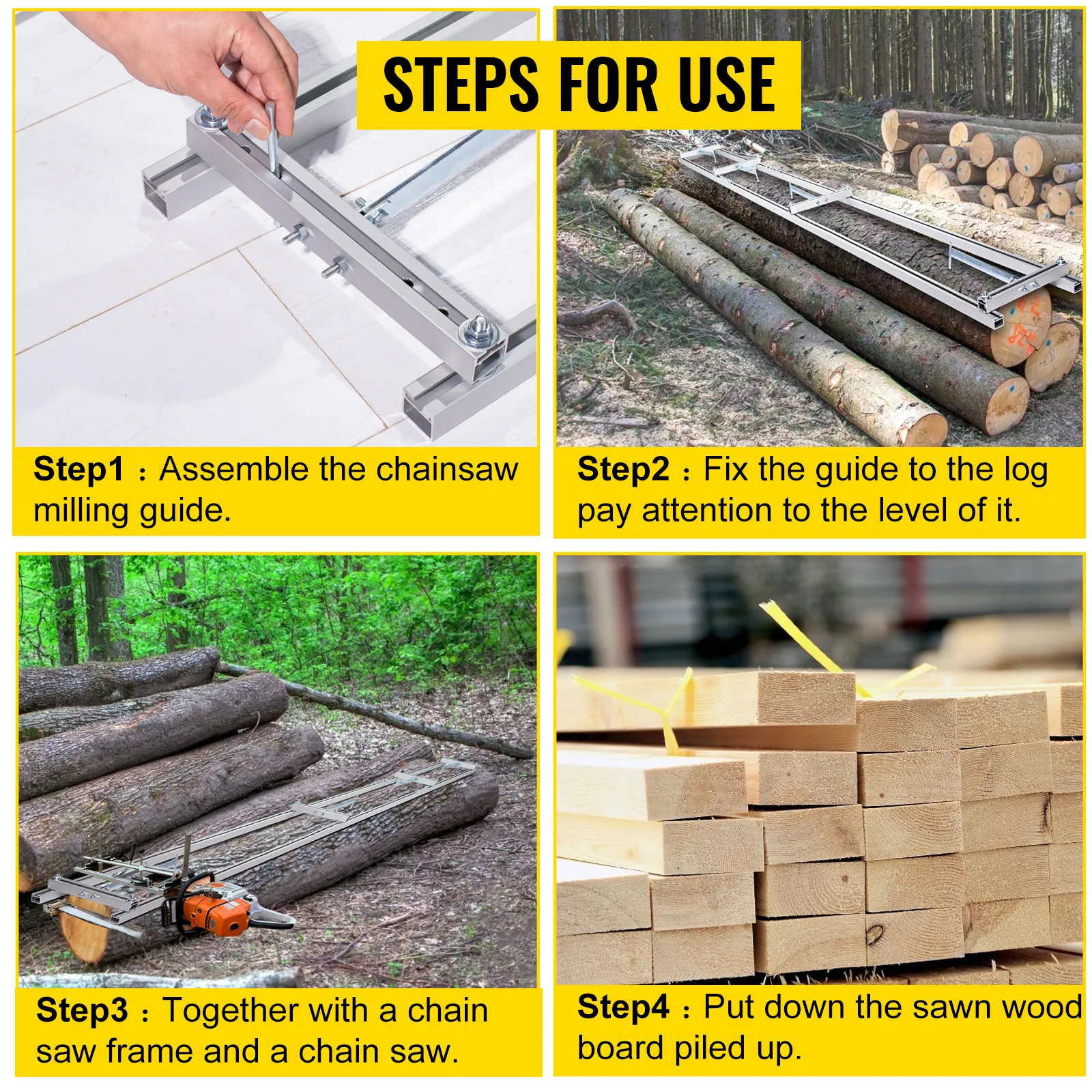 steps for using VEVOR rail mill guide system to mill logs and stack wood boards.