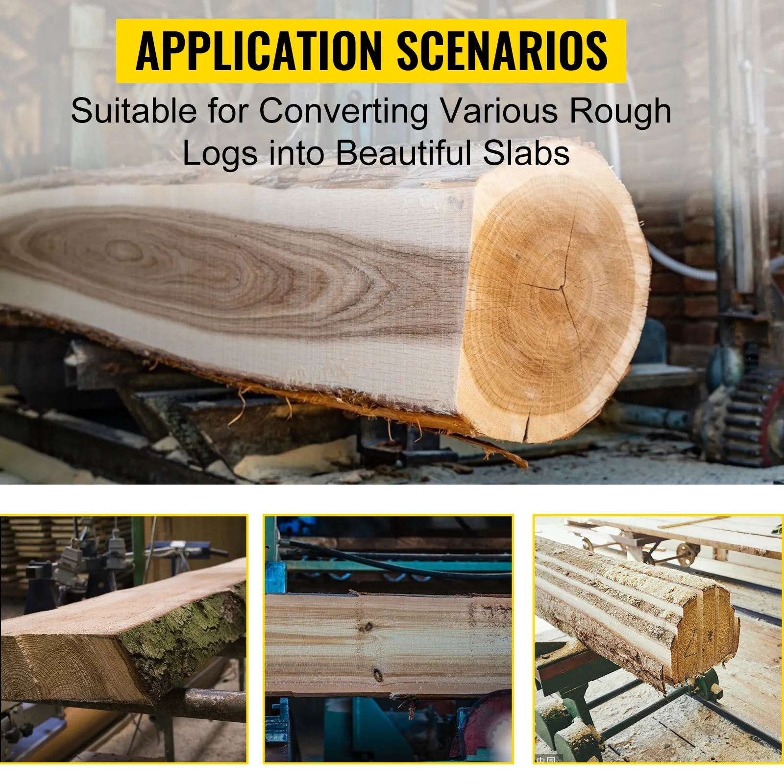 VEVOR rail mill guide system for converting rough logs into slabs. various log conversion stages.
