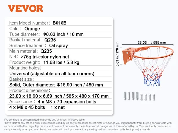VEVOR basketball hoop b016b, 23.03"x18.90"x6.69", orange with >75g tri-color nylon net and q235 material.