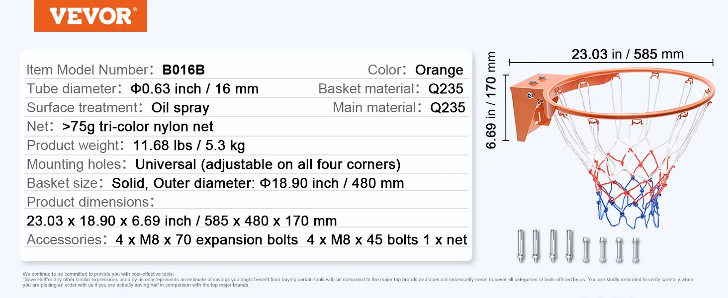 VEVOR basketball hoop b016b, 23.03"x18.90"x6.69", orange with >75g tri-color nylon net and q235 material.