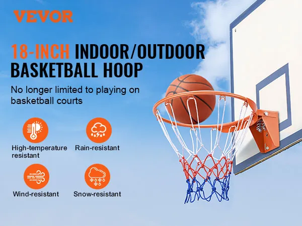 VEVOR basketball hoop with net, 18-inch, suitable for indoor and outdoor use, against blue sky.