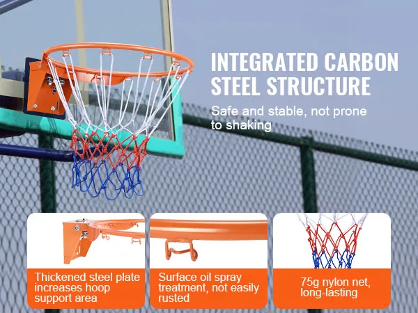 integrated carbon steel VEVOR basketball hoop with thickened support and durable nylon net.