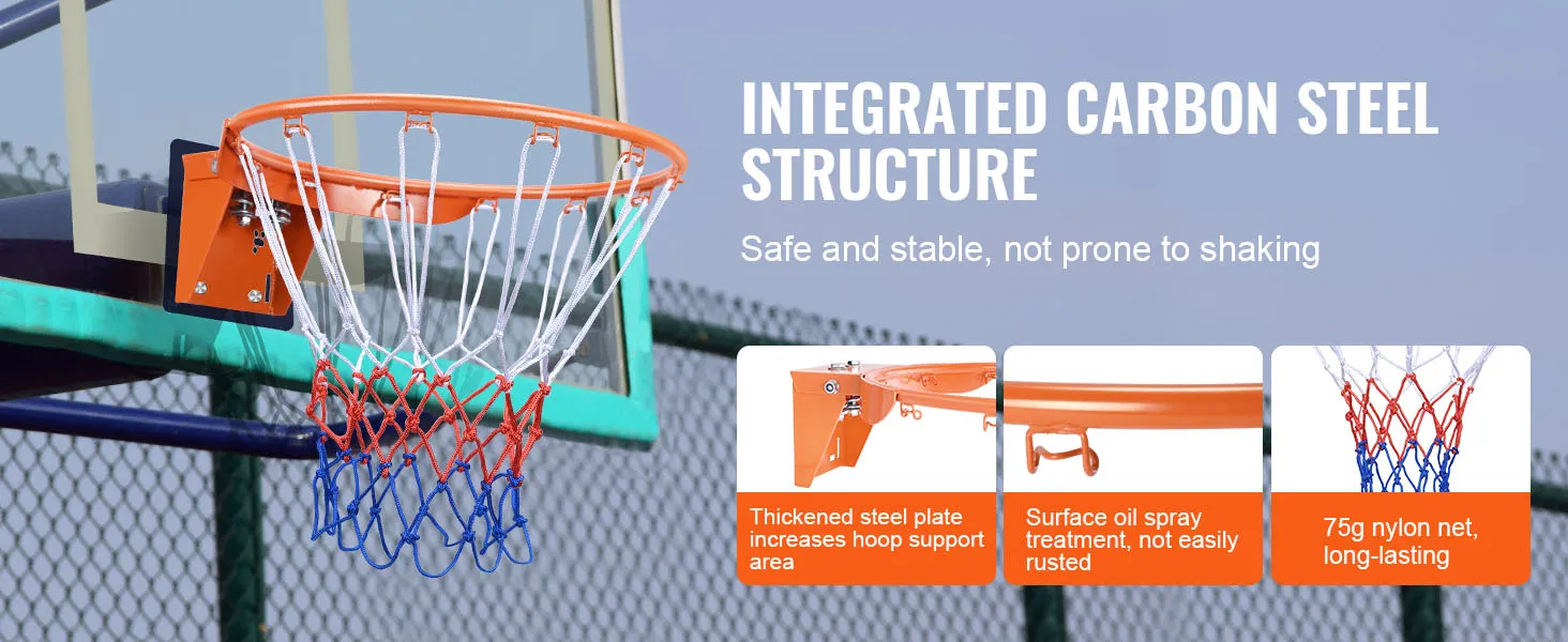 integrated carbon steel VEVOR basketball hoop with thickened support and durable nylon net.
