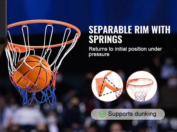 VEVOR basketball hoop with separable rim and springs supports dunking, returns to initial position under pressure.