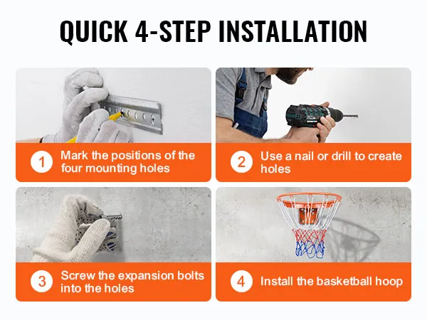 quick 4-step installation of VEVOR basketball hoop: mark, drill, screw expansion bolts, install hoop.