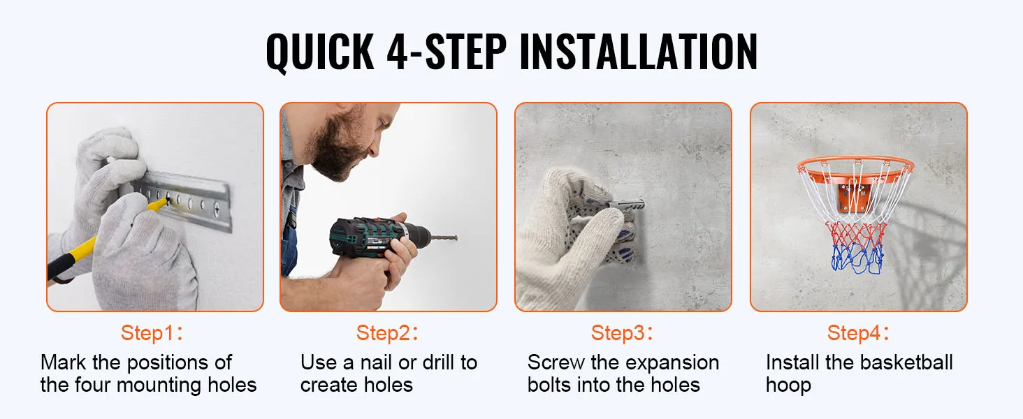 quick 4-step installation of VEVOR basketball hoop: mark, drill, screw expansion bolts, install hoop.