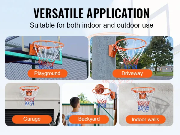 VEVOR basketball hoop for garage, playground, driveway, backyard, and indoor walls. versatile use.