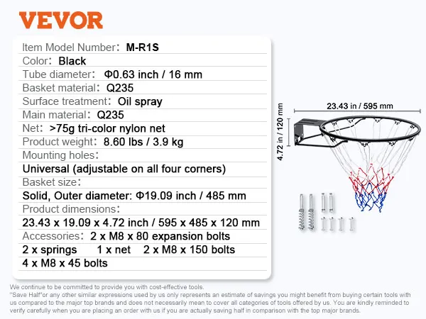 Especificaciones del aro de baloncesto VEVOR con dimensiones, materiales y accesorios detallados.