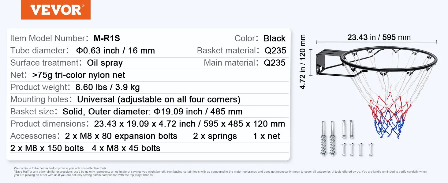 Especificaciones del aro de baloncesto VEVOR con dimensiones, materiales y accesorios detallados.