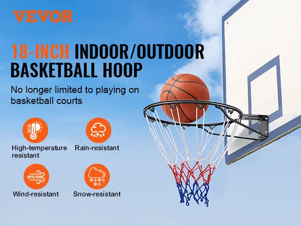 Aro de baloncesto VEVOR: aro duradero para interiores y exteriores de 18 pulgadas, resistente a altas temperaturas, lluvia, viento y nieve.