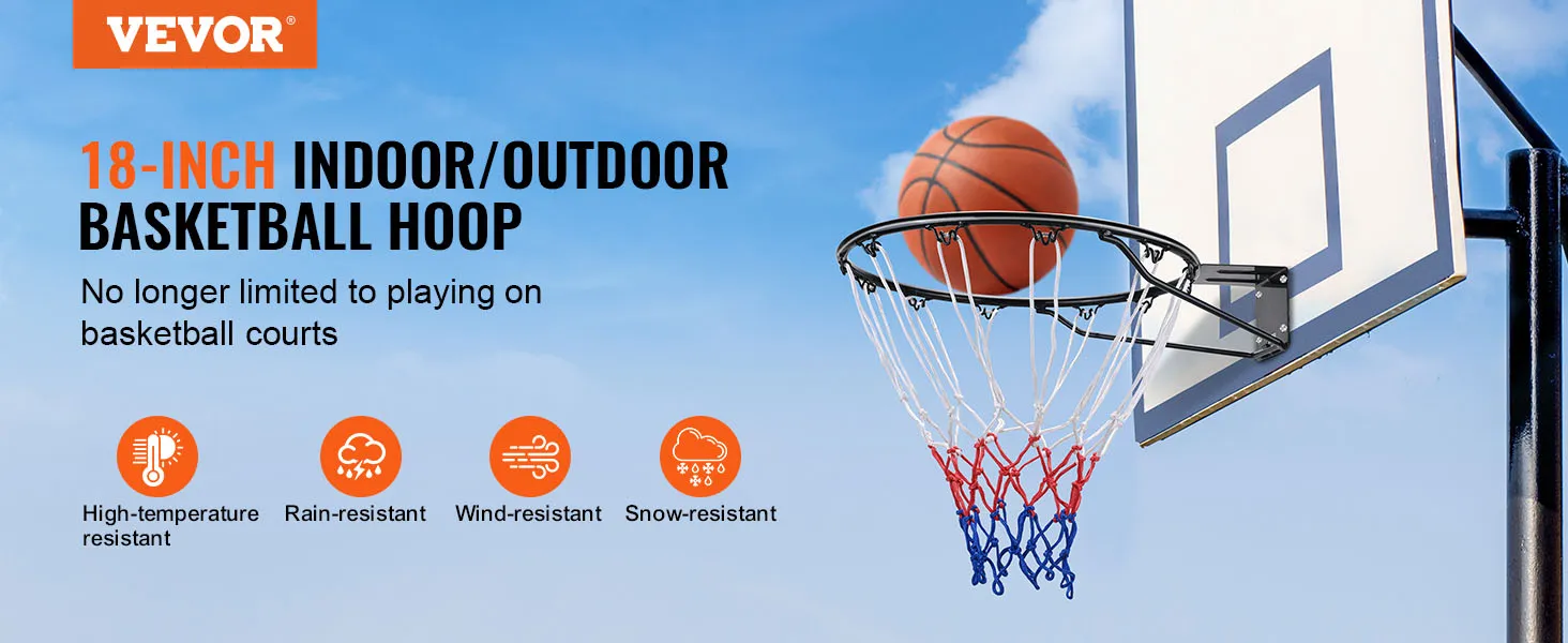 Aro de baloncesto VEVOR: aro duradero para interiores y exteriores de 18 pulgadas, resistente a altas temperaturas, lluvia, viento y nieve.