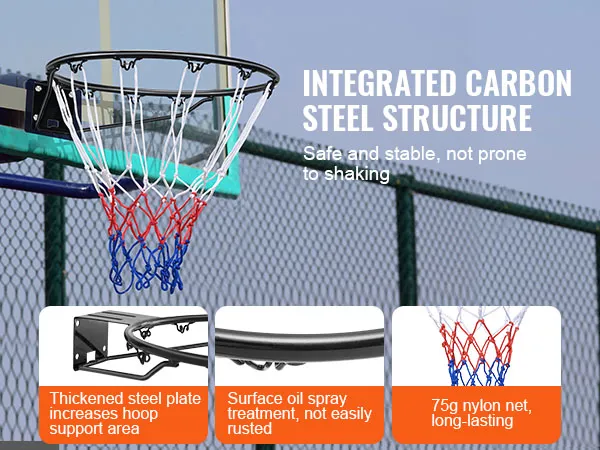 Aro de baloncesto VEVOR con estructura de acero al carbono integrada, red de nailon resistente y revestimiento resistente a la oxidación.