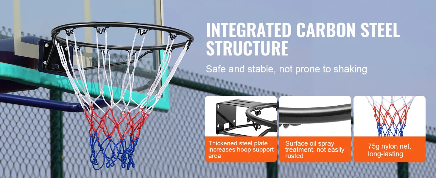 Aro de baloncesto VEVOR con estructura de acero al carbono integrada, red de nailon resistente y revestimiento resistente a la oxidación.