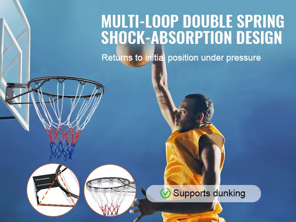 El aro de baloncesto VEVOR con absorción de impactos de doble resorte favorece el volcado, mostrando durabilidad y estabilidad.