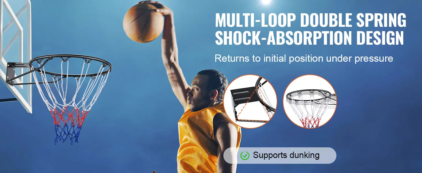 El aro de baloncesto VEVOR con absorción de impactos de doble resorte favorece el volcado, mostrando durabilidad y estabilidad.