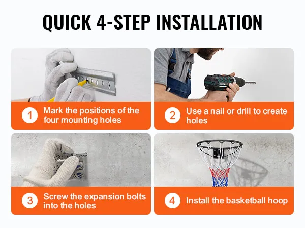 Instalación rápida de 4 pasos para aro de baloncesto VEVOR: marcar, perforar agujeros, atornillar los pernos e instalar el aro.