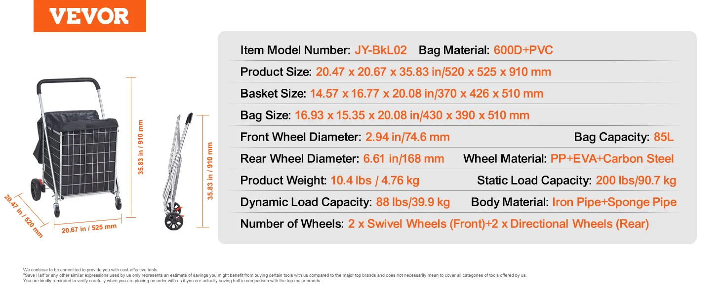 Medidas y especificaciones del carrito de compra plegable VEVOR, con una altura de 35,83 pulgadas.
