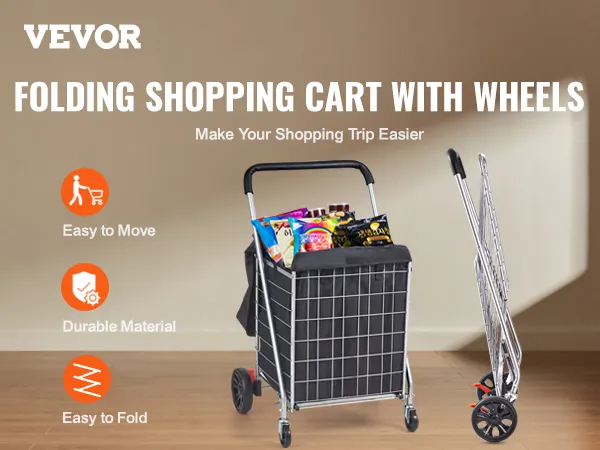 Carrito de compra plegable VEVOR con ruedas, fácil de mover y plegar, material duradero para compras cómodas.
