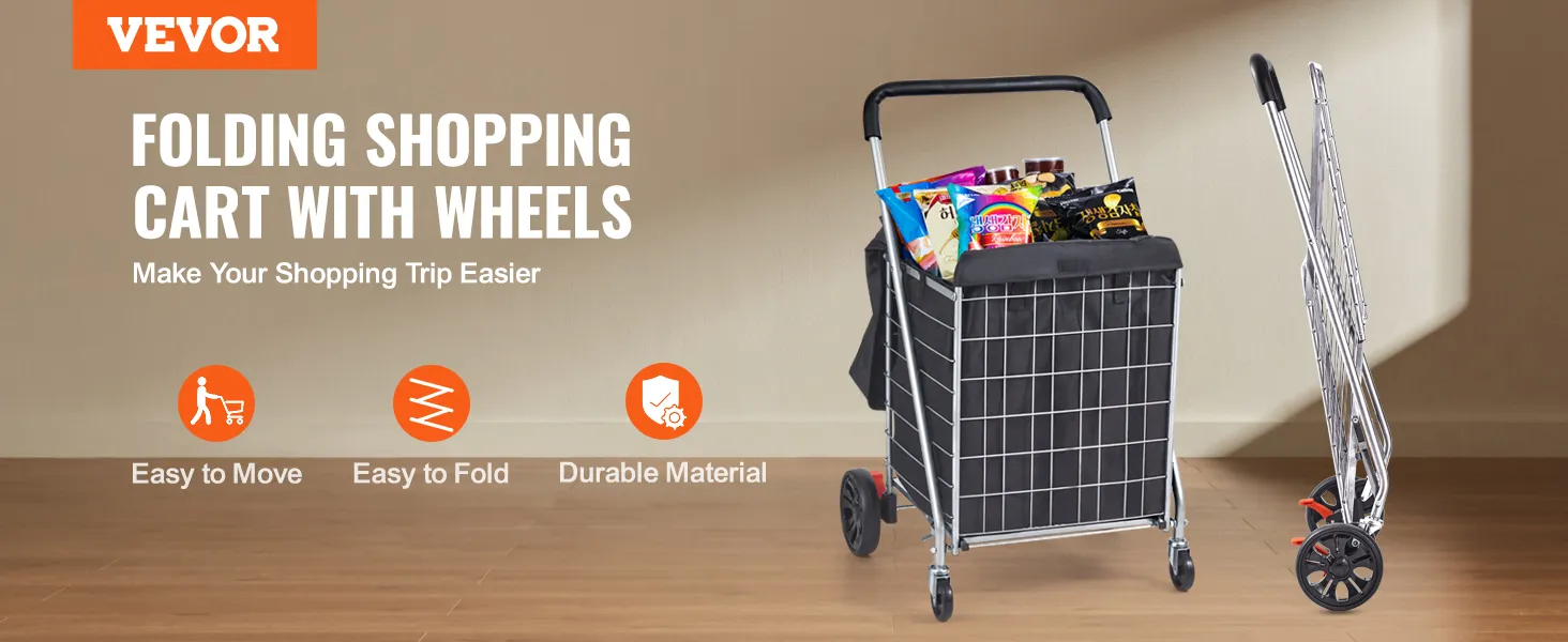 Carrito de compra plegable VEVOR con ruedas, fácil de mover y plegar, material duradero para compras cómodas.