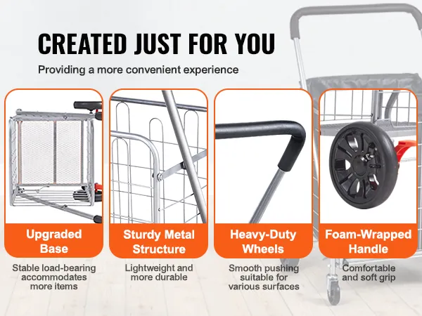 Carrito de compras plegable VEVOR con base mejorada, estructura de metal resistente, ruedas resistentes y mango envuelto en espuma.