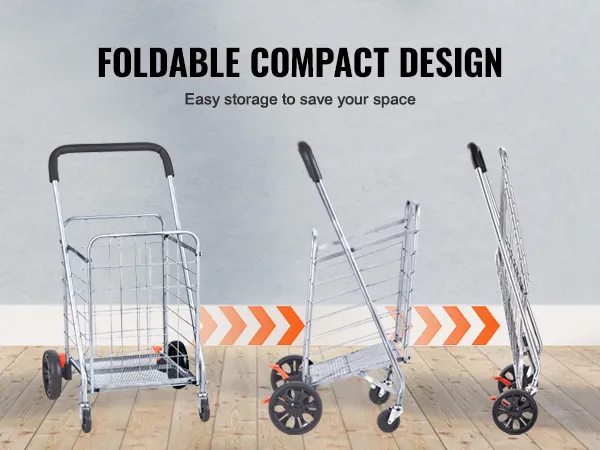 Carrito de compras plegable VEVOR con diseño compacto plegable para un fácil almacenamiento en varias ubicaciones.