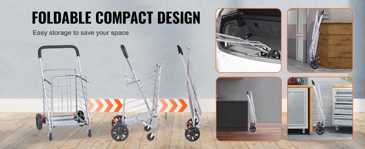 Carrito de compras plegable VEVOR con diseño compacto plegable para un fácil almacenamiento en varias ubicaciones.