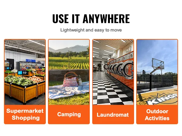 Carrito de compra plegable VEVOR para compras en supermercados, acampadas, lavanderías y actividades al aire libre.