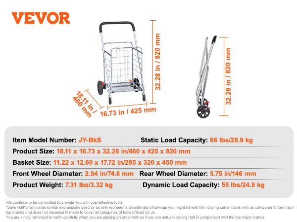 Składany wózek sklepowy VEVOR z informacjami o wymiarach, średnicy kół, ładowności i wadze.