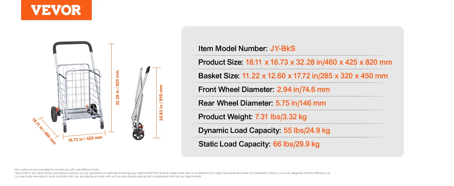 Składany wózek sklepowy VEVOR z informacjami o wymiarach, średnicy kół, ładowności i wadze.