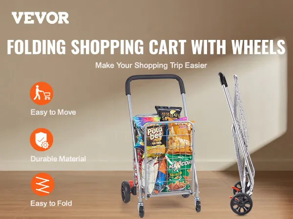 Składany wózek sklepowy VEVOR z kółkami, łatwy do przemieszczania, składany, trwały, z miejscem na zakupy w środku.