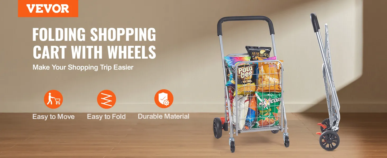 Składany wózek sklepowy VEVOR z kółkami, łatwy do przemieszczania, składany, trwały, z miejscem na zakupy w środku.