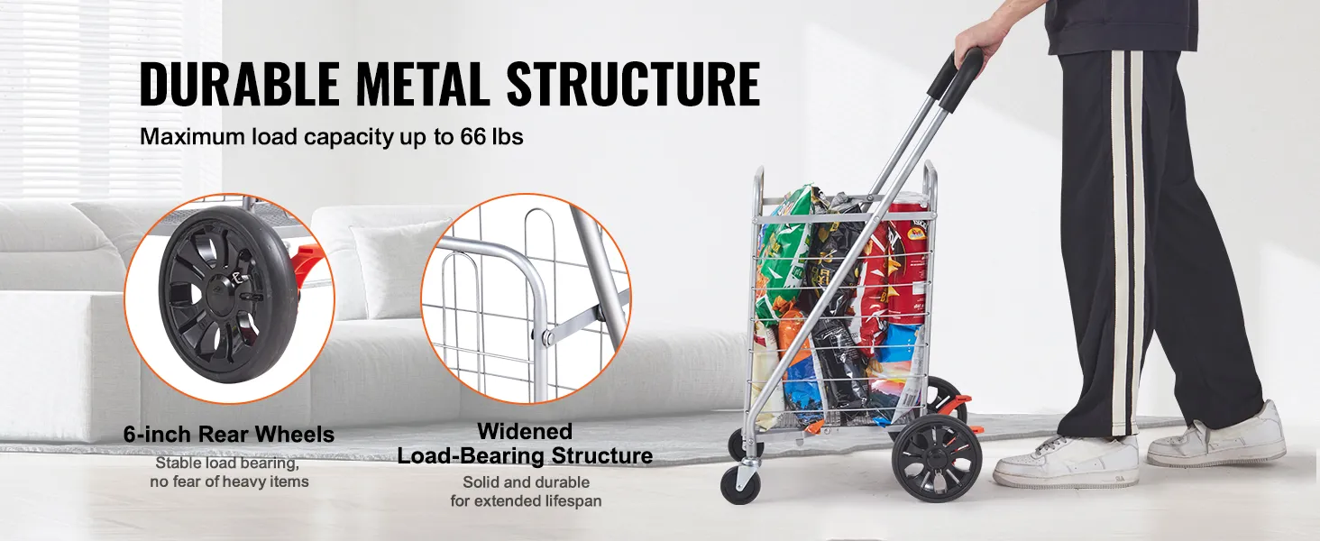 Składany wózek sklepowy VEVOR z wytrzymałą metalową konstrukcją, 6-calowymi tylnymi kołami i poszerzoną konstrukcją nośną.