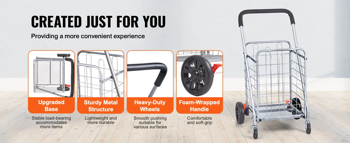 Składany wózek sklepowy VEVOR o solidnej metalowej konstrukcji, ulepszonej podstawie, wytrzymałych kołach i piankowej rączce.
