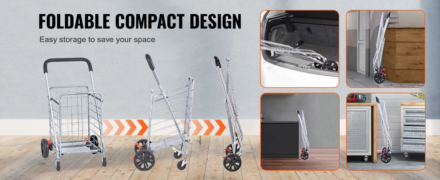 Składana, kompaktowa konstrukcja wózka sklepowego VEVOR umożliwia łatwe przechowywanie w małych przestrzeniach.
