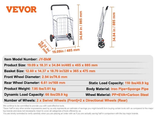 VEVOR folding shopping cart with dimensions, weight, and load capacity displayed.