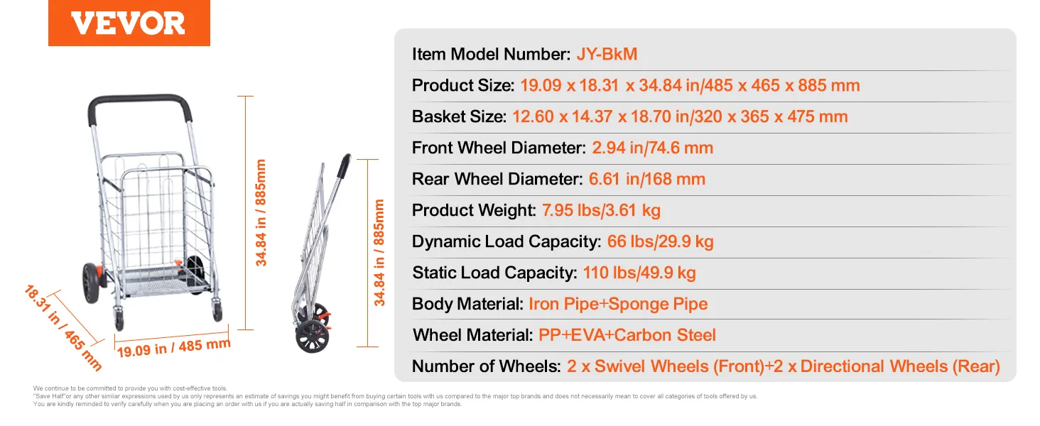 VEVOR folding shopping cart with dimensions, weight, and load capacity displayed.