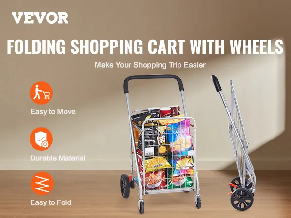 VEVOR folding shopping cart with wheels, loaded with groceries, displayed with easy to fold and move icons.