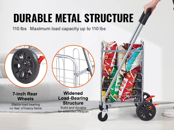 VEVOR folding shopping cart with durable metal structure, 7-inch rear wheels, and 110 lbs load capacity.