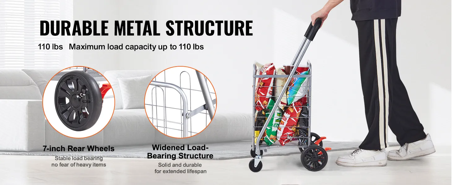 VEVOR folding shopping cart with durable metal structure, 7-inch rear wheels, and 110 lbs load capacity.
