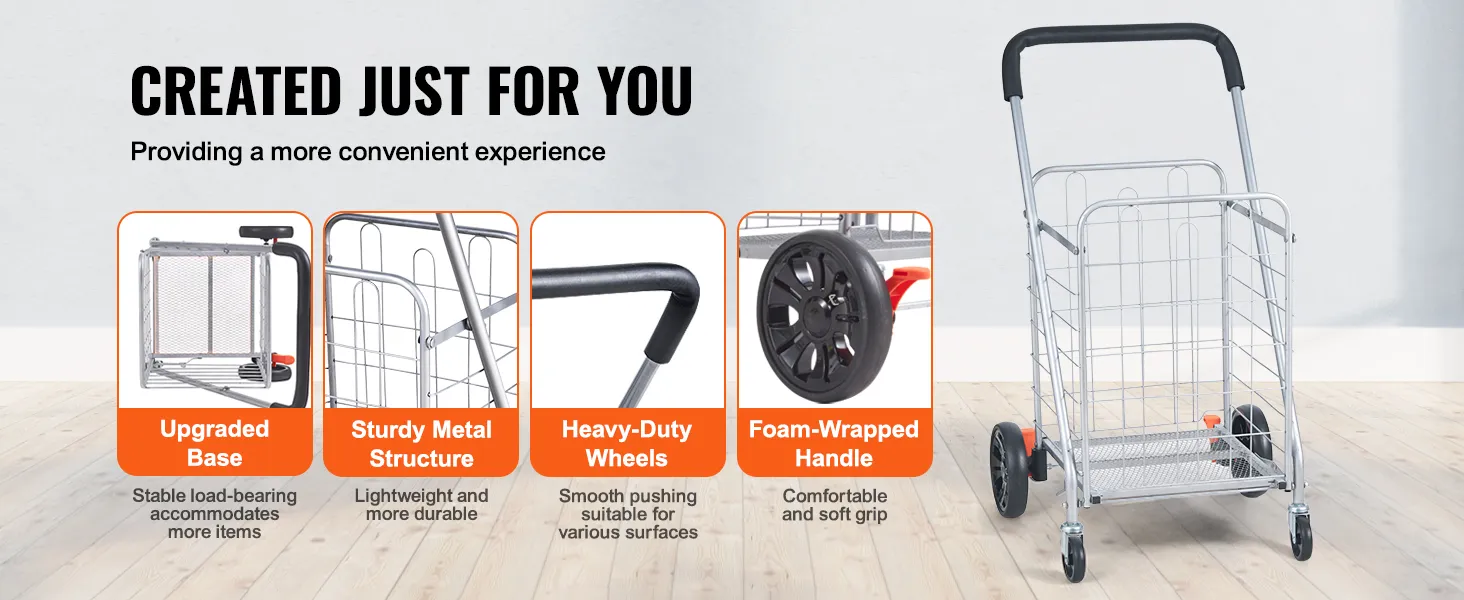 VEVOR folding shopping cart with sturdy metal structure, heavy-duty wheels, upgraded base, and foam-wrapped handle.
