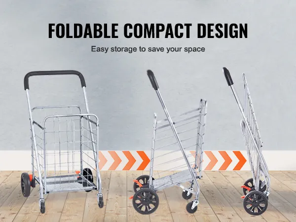 foldable compact VEVOR folding shopping cart for easy storage, shown in various folded and unfolded positions.