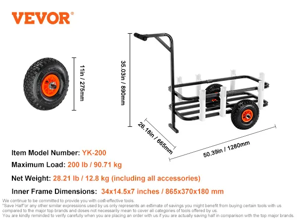 VEVOR beach fishing cart with inflatable rubber wheels, maximum load 200 lb, and seven fishing rod barrels.