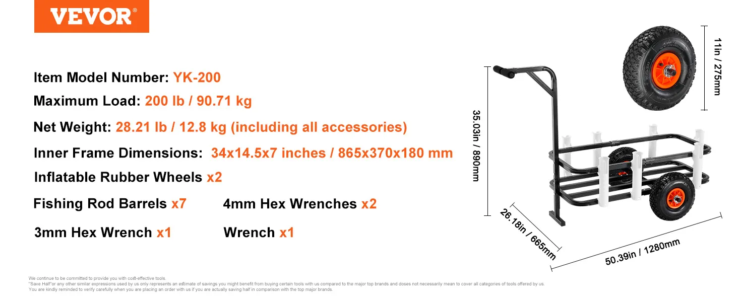 VEVOR beach fishing cart with inflatable rubber wheels, maximum load 200 lb, and seven fishing rod barrels.