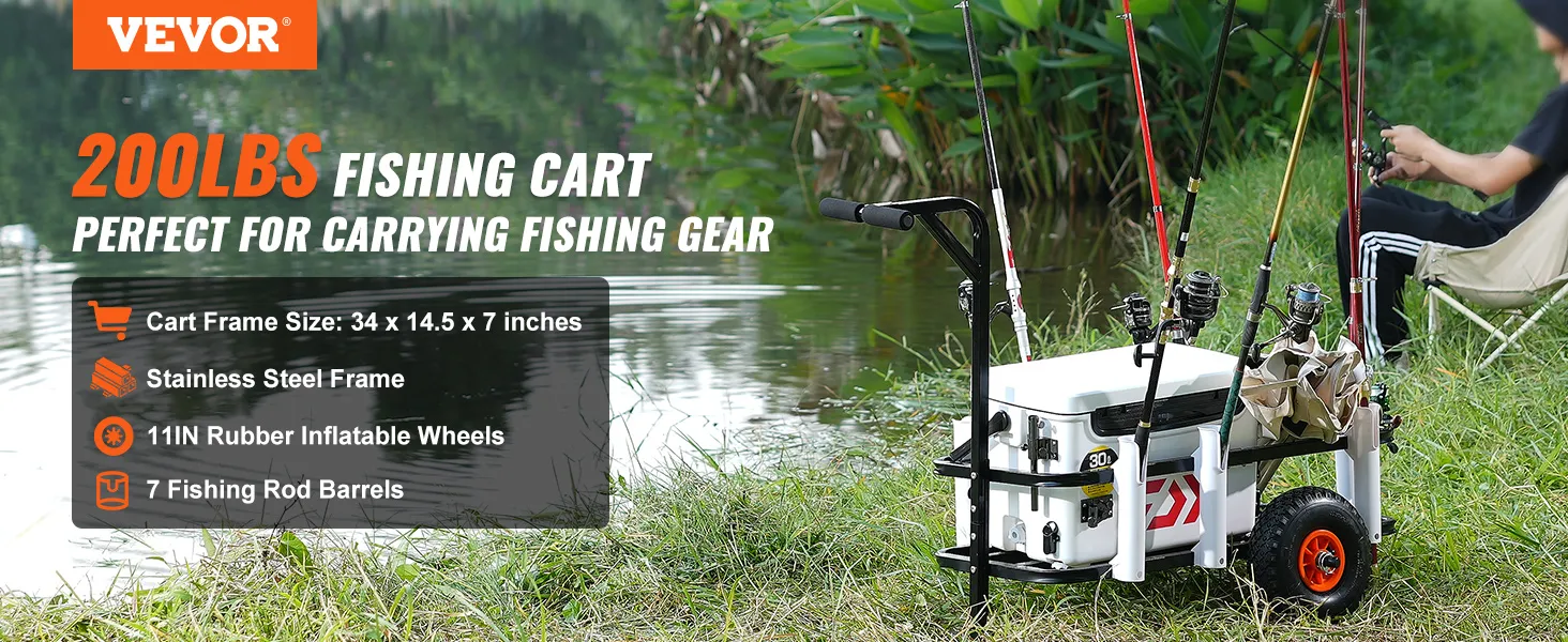 VEVOR beach fishing cart with cooler, rod holders, and gear storage by a lakeside, perfect for anglers.