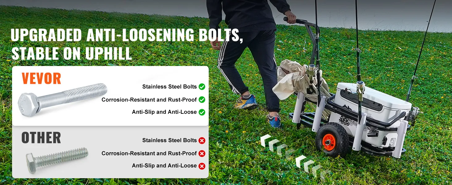 VEVOR beach fishing cart on grass with upgraded anti-loosening bolts, rods, and cooler.