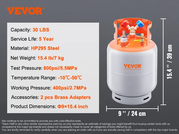 VEVOR-koelmiddelopvangtank, capaciteit 30 lbs, hp295-staal, 15,4 lb, hoogte 39 cm, diameter 24 cm.