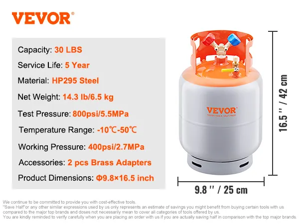Cilindro de recuperación de refrigerante VEVOR, capacidad de 30 libras, acero hp295, altura de 16,5" y adaptadores de latón.