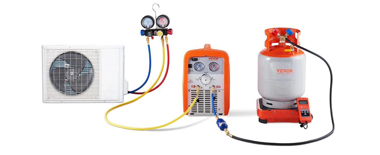 Cilindro de recuperación de refrigerante VEVOR conectado al equipo HVAC con medidores y mangueras.