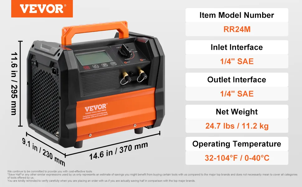 VEVOR refrigerant recovery machine, dimensions 14.6 x 9.1 x 11.6 inches, weight 24.7 lbs.